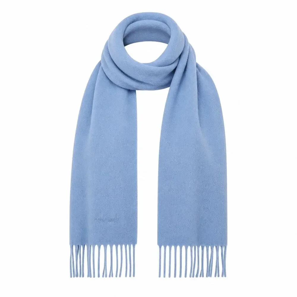 Harrods London Cashmere Lambwool Scarf Fringe Hem Powder Blue Light Blue Unisex